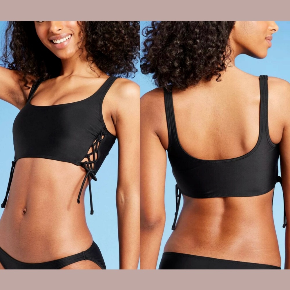 NWD Xhilaration [ Small 0-2 ] Lace-Up Longline Bralette Bikini‎ Top Black
